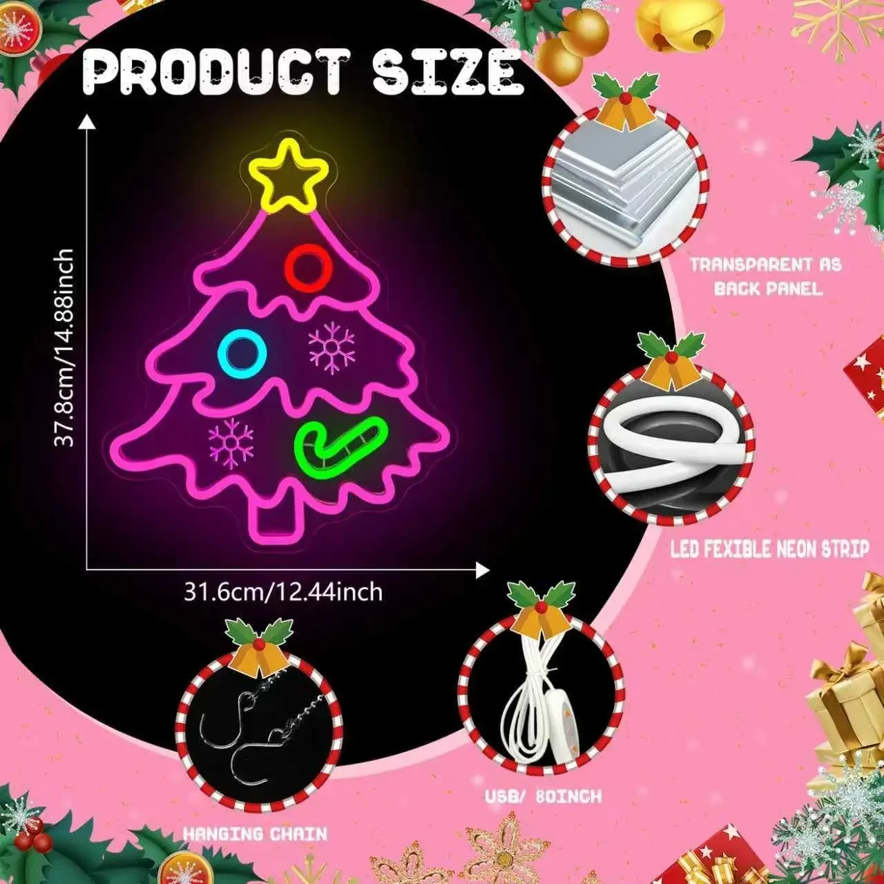 Christmas Tree Neon Sign Pink LED Star Snowflake Wall Art Acrylic USB Powered Dimmable Light For Xmas Home Party Decor