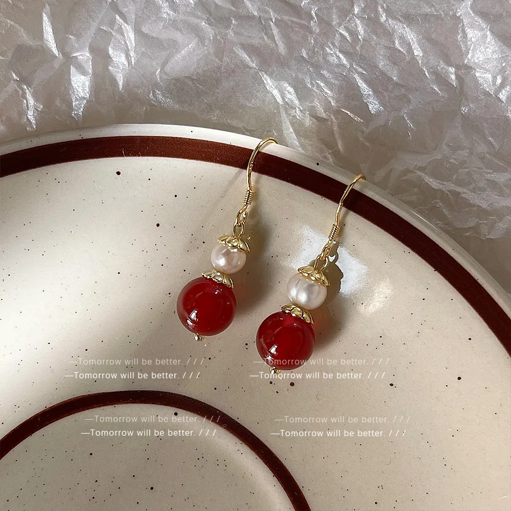 خمر نمط اللؤلؤ العقيق الأحمر أقراط النساء يدويا أنيقة الحب الفول استرخى أقراط بالجملة #4