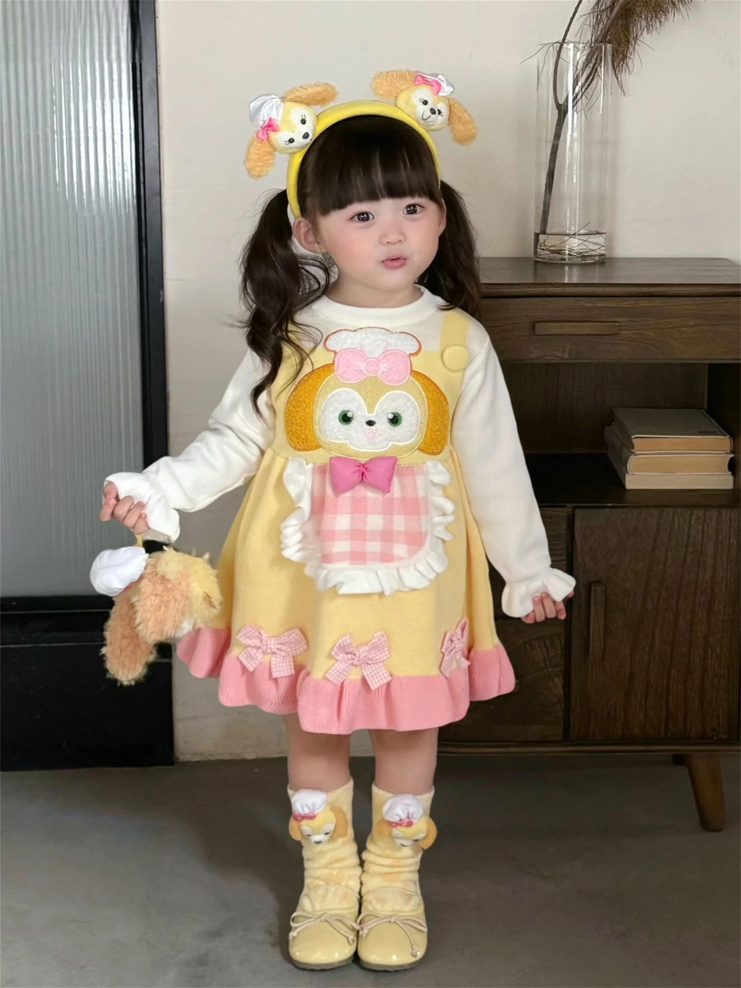 girls'-dress-sweet-cartoon-knitted-skirt-disney-keqian-ruffle-bow-color-blocked-princess-dress-long-sleeve-fake-two-piece-dress