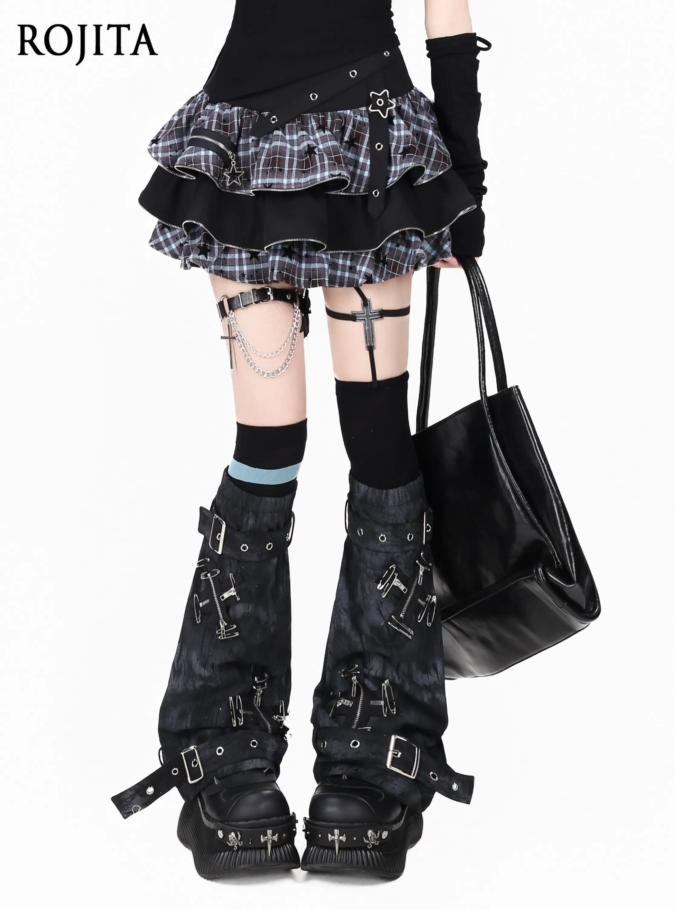 Pink Plaid Star Print Tiered Mini Skirt Women High Waist Button Ruffle Layered Y2K Cake Skirt Gothic Punk Ruffle Skirt