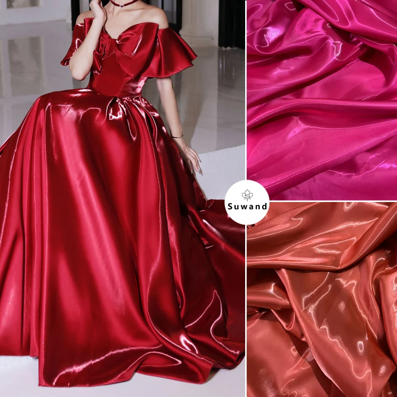 Red Fuchsia Metallic Liquid Satin Fabric by Yard Shiny Water Glossy Satin for Wedding Dress Suit Clothing Designer DIY Material