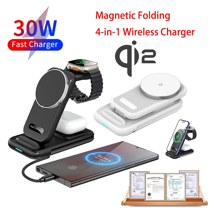 

Qi2 25 Вт 30 Вт 4 в 1 Магнитная подставка для беспроводного зарядного устройства с динамиком 25 Вт Быстрая зарядка для Iphone Samsung Xiaomi OPPO Airpods, iwatch