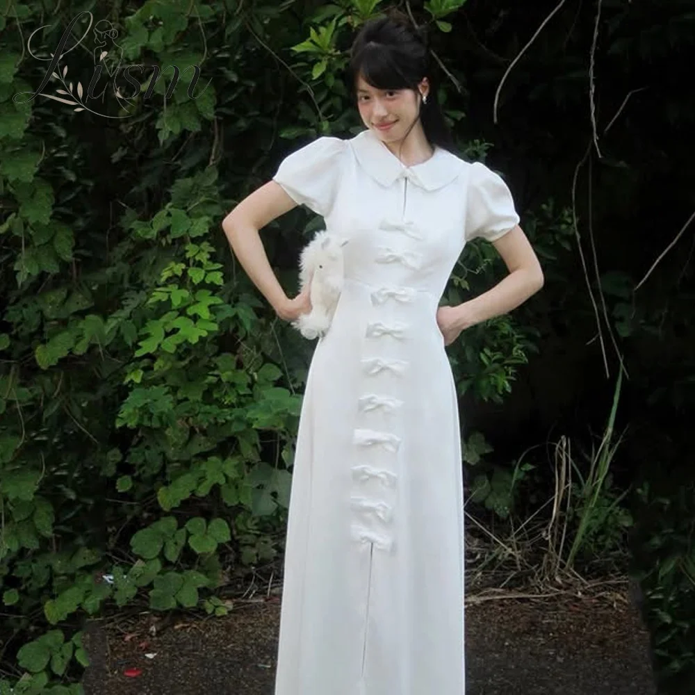 Lism Classic Ivory Maxi Dress Peter Pan Collar Puff Sleeve Bow Knot Front Slit Elegant Wedding Guest Party Long Gown Customized