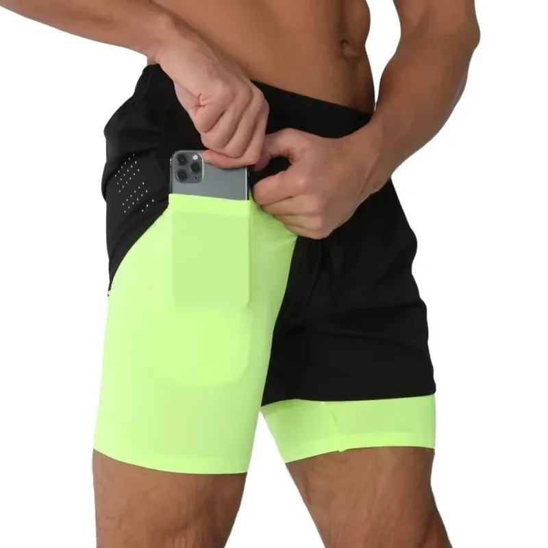 2026 Summer Men's Running Double-Layer Shorts Quick-Drying Fitness 2-in-1 Shorts Men's Sports Workout Training Woven Shorts Male