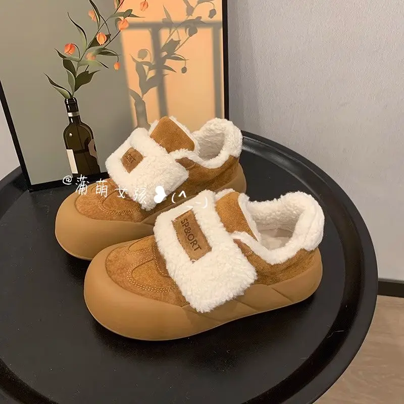 Winter Women Breathable Warmly Sneakers White Wool Shoes Thick Heel Sneakers Casual Platform Y2K Lolita Round Toe Bread Shoes