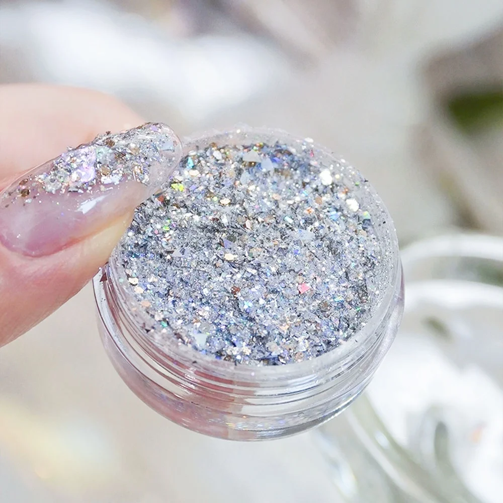 0,23 Unzen/Glas holografische Goldflocken Nagel Pailletten Glitzerpulver Super glänzendes Aurora Opalpulver Unregelmäßige Flocken Nagelglitzerstaub