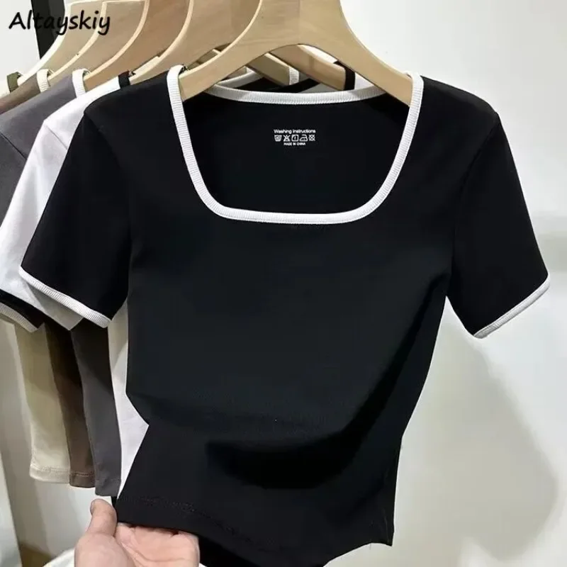 T-shirts Women Slim Square Collar Summer Hotsweet Crop Tops Elastic Gentle Ulzzang Student Young Simple Daily Teens Harajuku Y2k