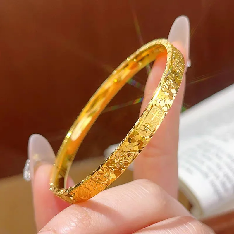 

18K Gold AU999 Original Sparkle 3-Sided Lucky Engraved Icy Crush Bracelet Ethnic Peace Minimalist Women's Valentine's Wife Gift