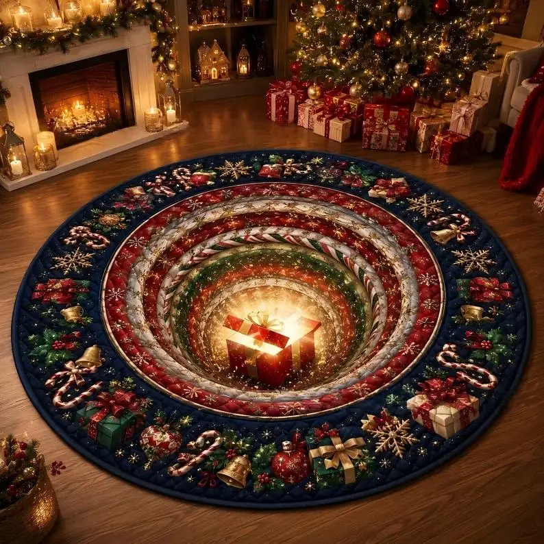 VIKAMA Gift Box Vortex 3D Tunnel of Presents Green Plush Flannel Round Rug Soft Non-Slip Living Room Bedroom Floor Mat Xmas Gift
