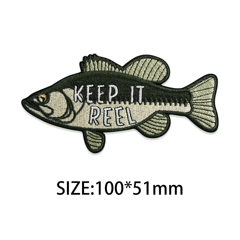 Freshwater Fish Embroidered Patch Iron On Embroidery Patches for Clothes Garments Keep It Reel Large Mouth Bass Freshwater