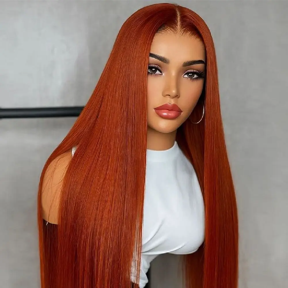 

32 34-дюймовый оранжевый рыжий парик из натуральных волос на кружеве, прямой парик 13x4, прямой парик из натуральных волос, предварительно выщипанный парик из натуральных волос