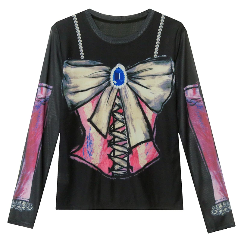 유럽 스타일 롱 슬리브 라운드 넥 티셔츠 여성 프린트 슬림핏 베이스 티셔츠 스트리트 스타일 가을 신상