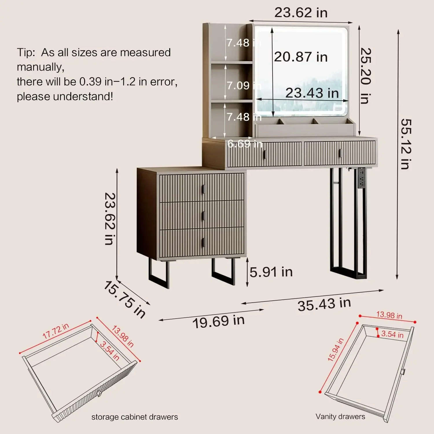 Groot Kaptafel Met 3 Kleuren Touchscreen Dimspiegel, Kaptafel Met Laadstation, Moderne Intrekbare Make-Up Dressing