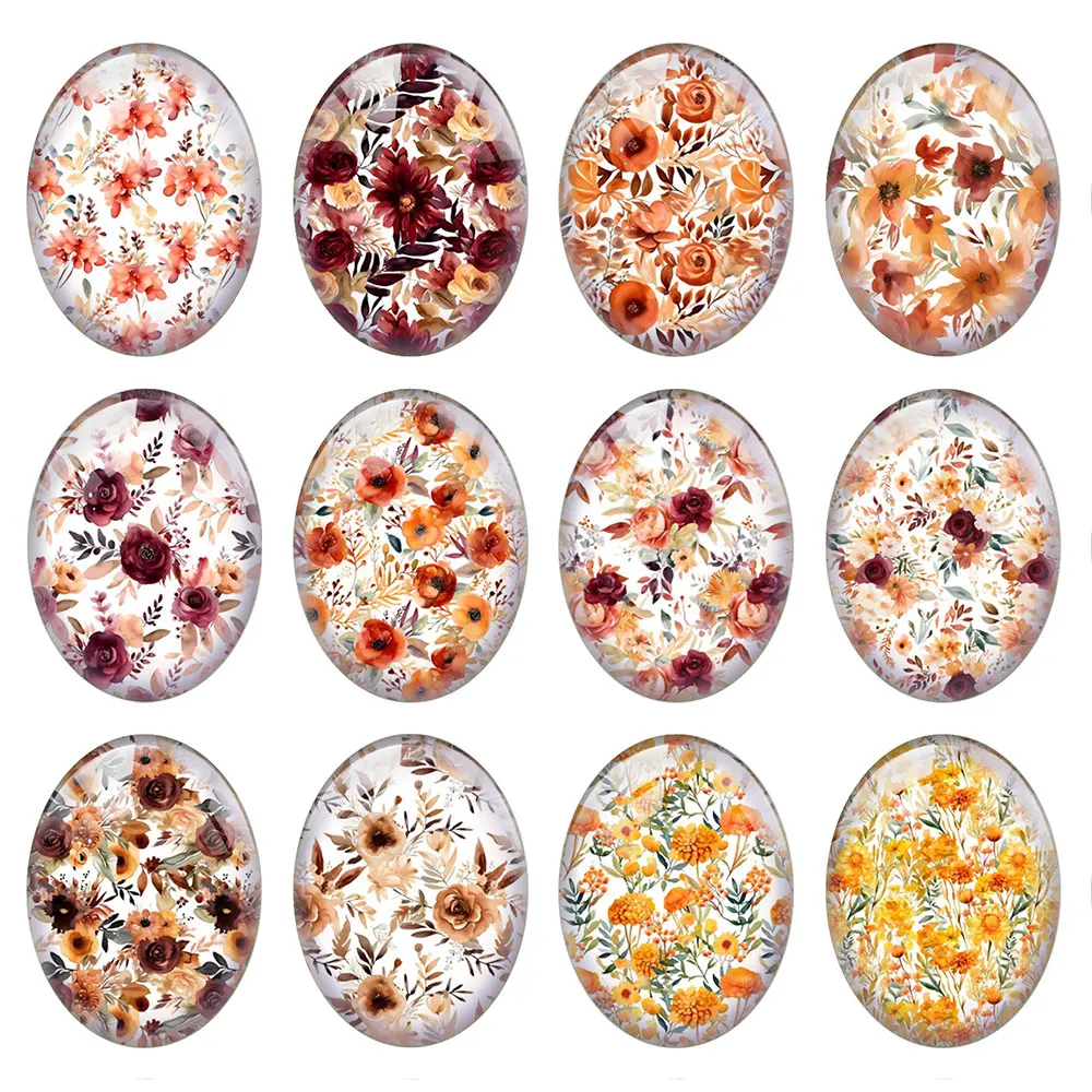 Random Mixed Round/Oval/Square Warm Autumn Retro Flower Plants Photo Glass Cabochon Flatback Demo Cameo For Diy Jewelry Making