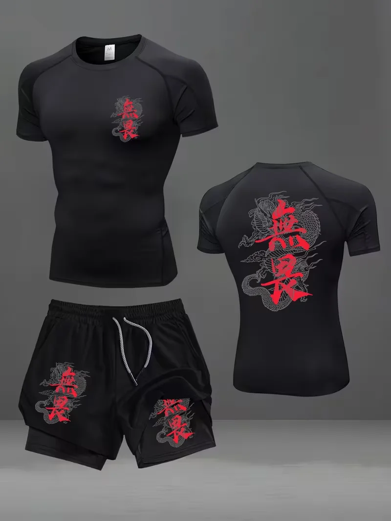 New men's slim fit suit quick drying round neck quick drying sports T-shirt+double-layer pants gym running hiking football sport