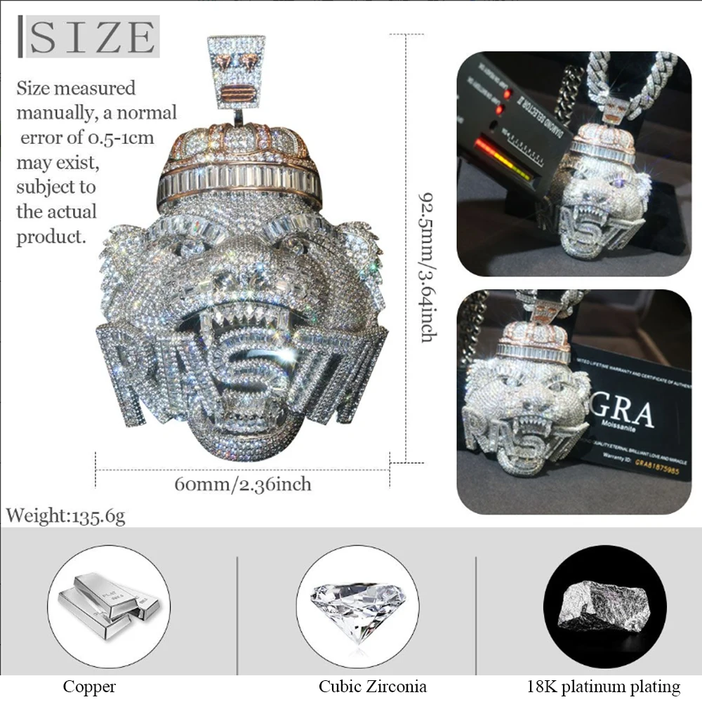 Bling Iced Out Lion Pendant 18K Gold Plated Full Diamond Strong Power Meaning Crown Tag Full Cubic Zirconia Growing Fortune Lion King Symbol of Power Hip Hop Punk Necklace Accessories Fine Jewelry Gifts for Men Boy Friends