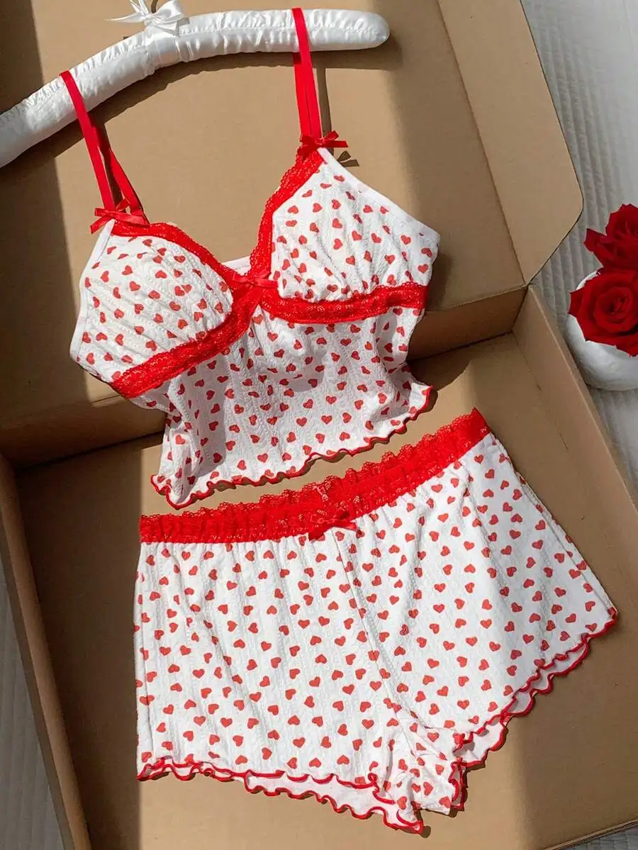 

Romantic Heart Print Lace Trim Women Pajama Set