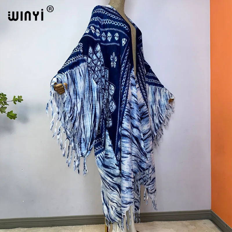 WINYI-Cardigan imprimé tie-dye à franges pour femmes, robe longue, élégante, bohème, ample, plage, natation, cover-up, kimono, été, haute qualité