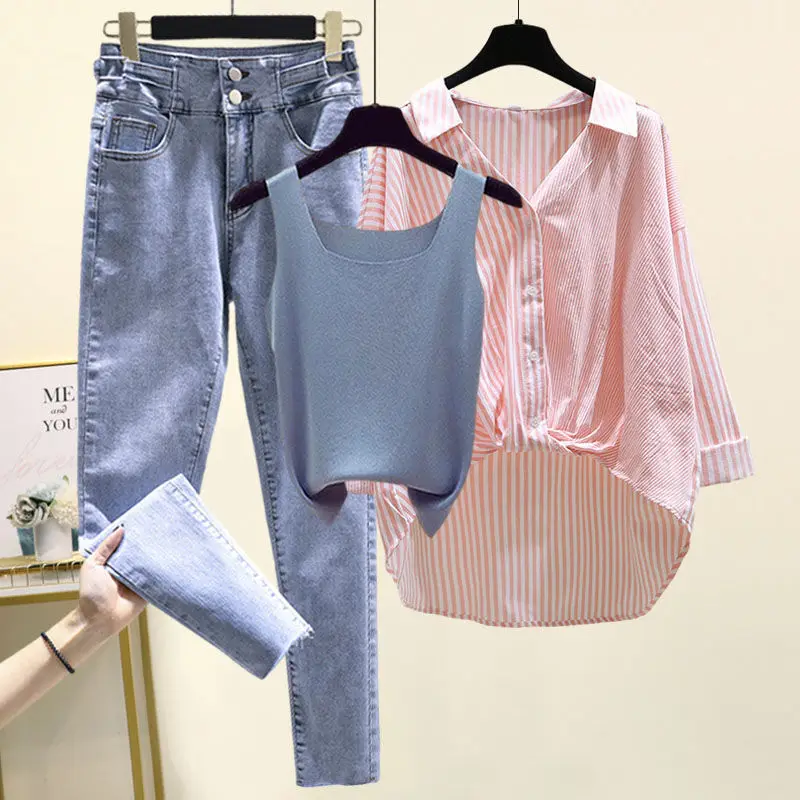 Women Autumn New Fashion Cardigan Denim Pants Matching Set Korean Elegant Striped Shirt+Vest+Jeans 3 Piece Female Clothing Suit