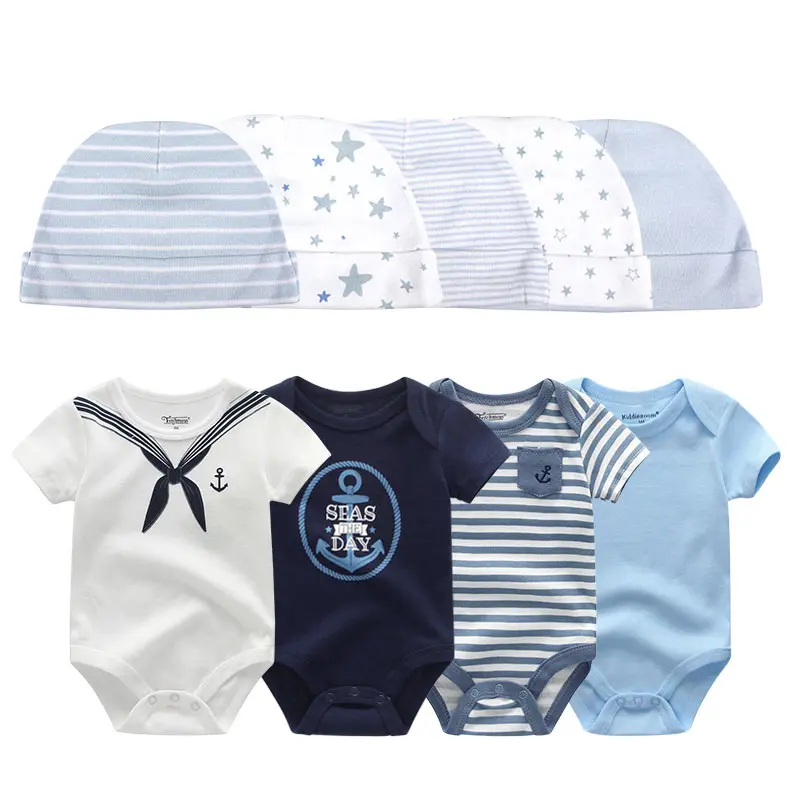 Unisex Baby 9 Pack Cotton Bodysuits& Printed Hats, Cartoon Striped Floral Print Short Sleeve Onesie Cap For Newborn Infant