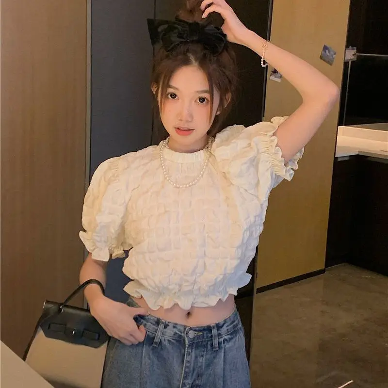 Korean Sweet Solid Color Chiffon Shirt Summer O-neck Pleated All Match Puff Sleeve Shirt Small Fresh Fashion Top Women Clothing