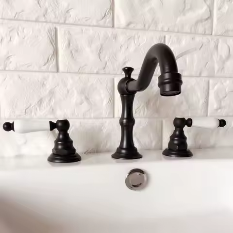 Two Ceramic Levers Black Oil Rubbed Brass Deck Mounted 3 Holes Bathroom Basin Faucet Widespread Vanity Sink Mixer Tap ahg065