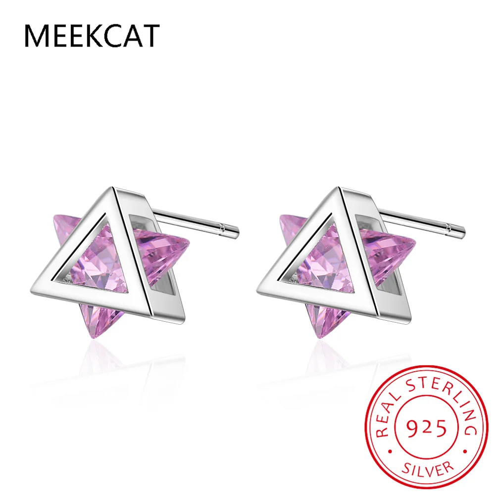 Triangle 1.3ct Created Pink Sapphire 925 Sterling Silver Stud Earrings for Women Gemstone Fine Jewelry Statement Gift