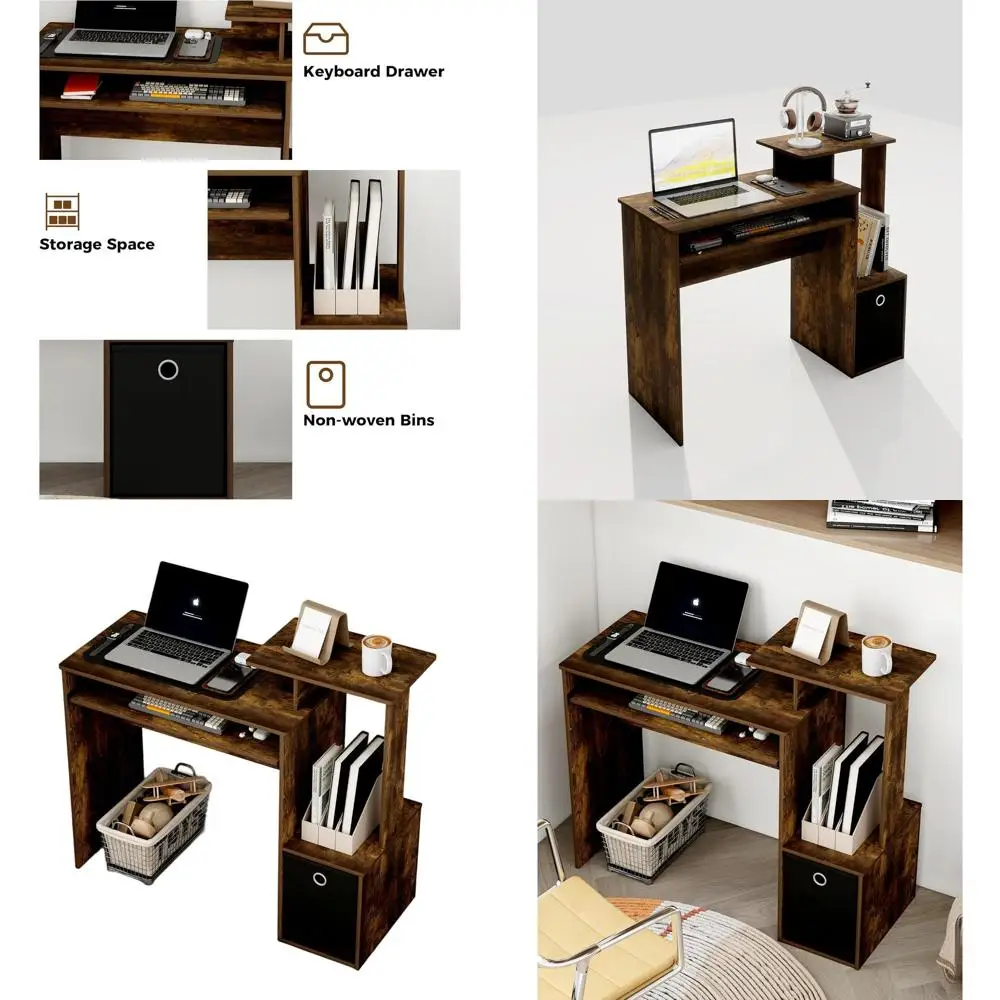 

Walnut & Black Wooden Desk with Drawers and Storage for Home Office, Bedroom, Living Room