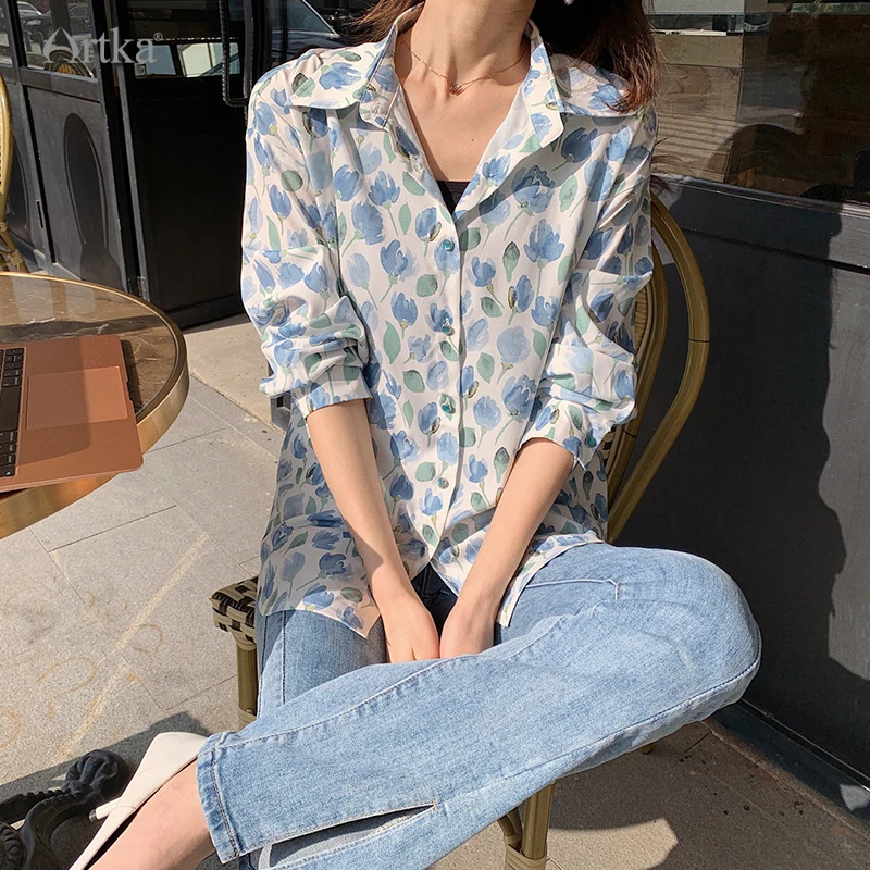 ARTKA 2023 Summer New Women Blouse Elegant Casual Lapel Floral Print Shirts Loose Long Sleeve Chiffon Shirts Female 22SA059C