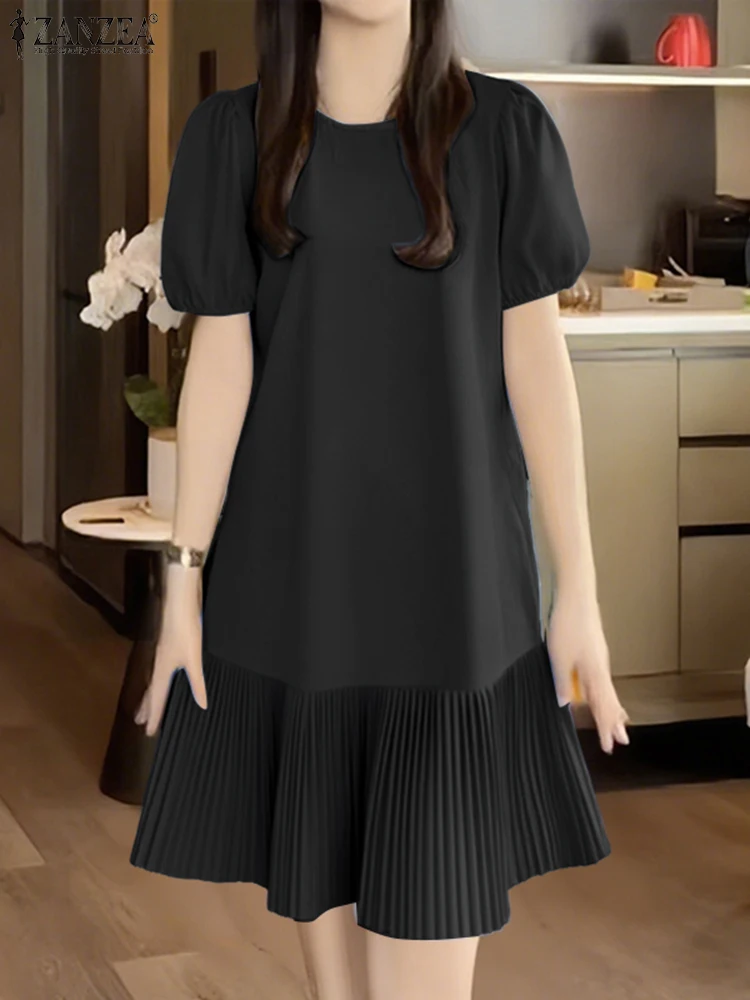 ZANZEA Women 2025 Summer Dress Elegant Pleated Dresses Stylish Short Puff Sleeve Party Sundress Casual Solid Work Vestidos Robe