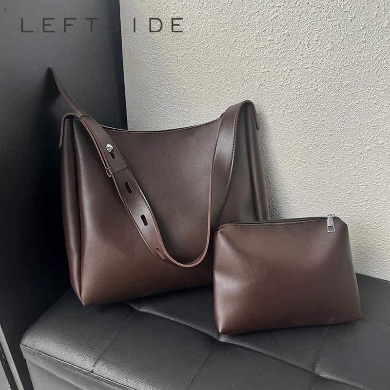 LEFTSIDE 2 PCS/SET Fashion Leather Tote Bag For Women 2024 Retro Trend Female Simple Small Shoulder Bag Handbags And Purses