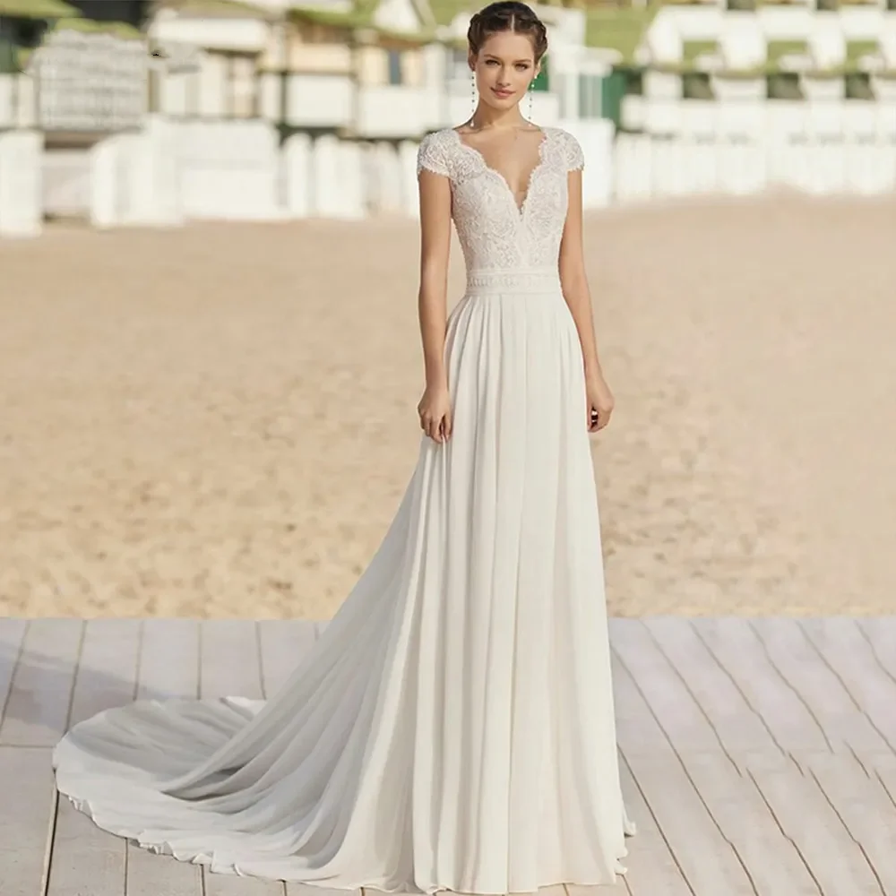 

2024 Elegant V Neck Chiffon Wedding Dress 2024 Short Sleeves Illusion Buttons Back Lace Bridal Gowns