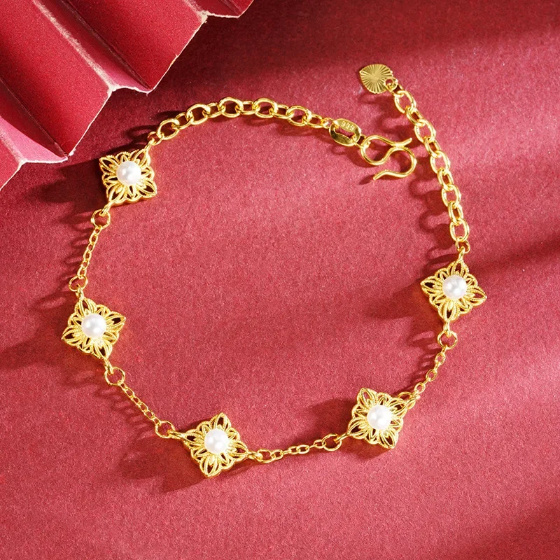 Gold 24K Flower Imitation Pearl Hollow Four-leaf Flower AU750 Bracelet Pure Gold Simple Jewelry for Women