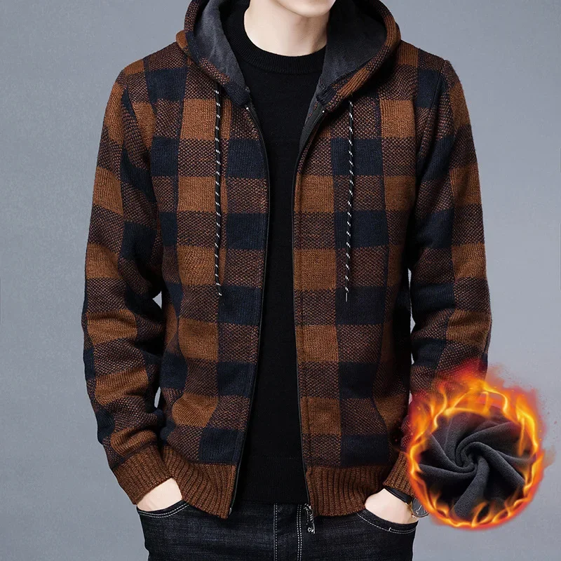 Men Sweater Jacket Fashion Winter Coat Fleece Hoodies High Quality Luxury Checkered Hooded Knit Cardigan Male Outer Wear