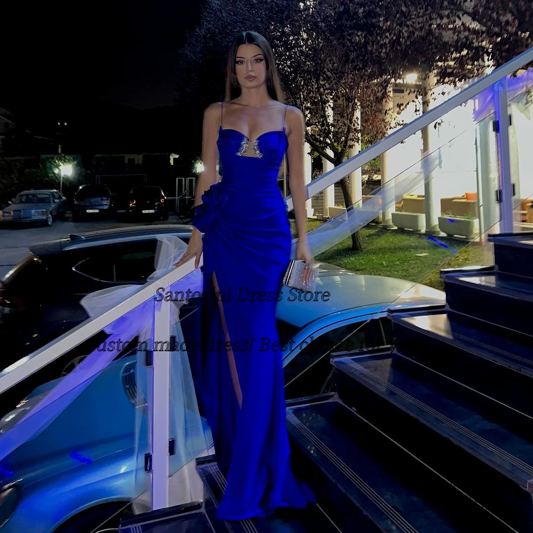 

Santorini Royal Blue Prom Dresses High Side Slit Sexy Cocktail Party Dress Beaded Spaghetti Sweetheart Evening Special Vestidos