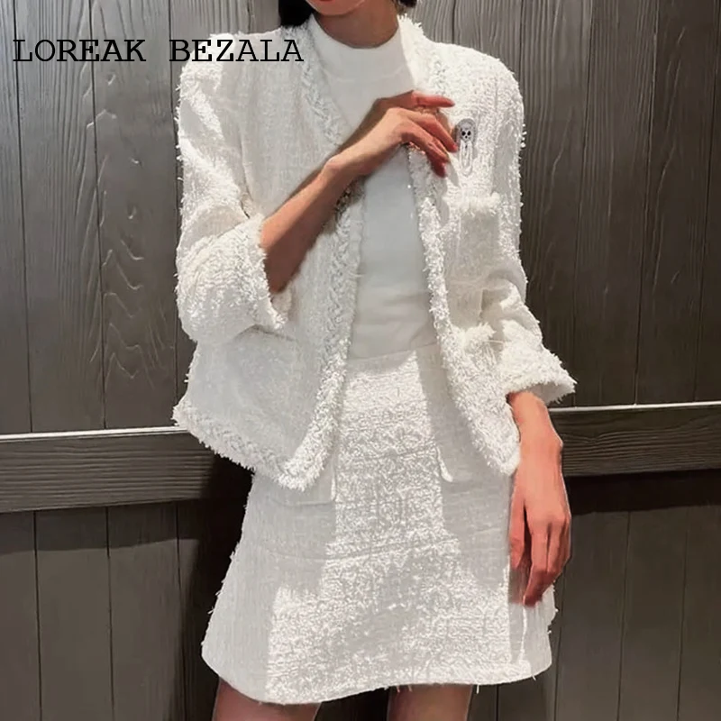 Ensemble veste + jupe en Tweed blanc pour femme, tenue de vacances élégante, printemps/automne, 2 pièces