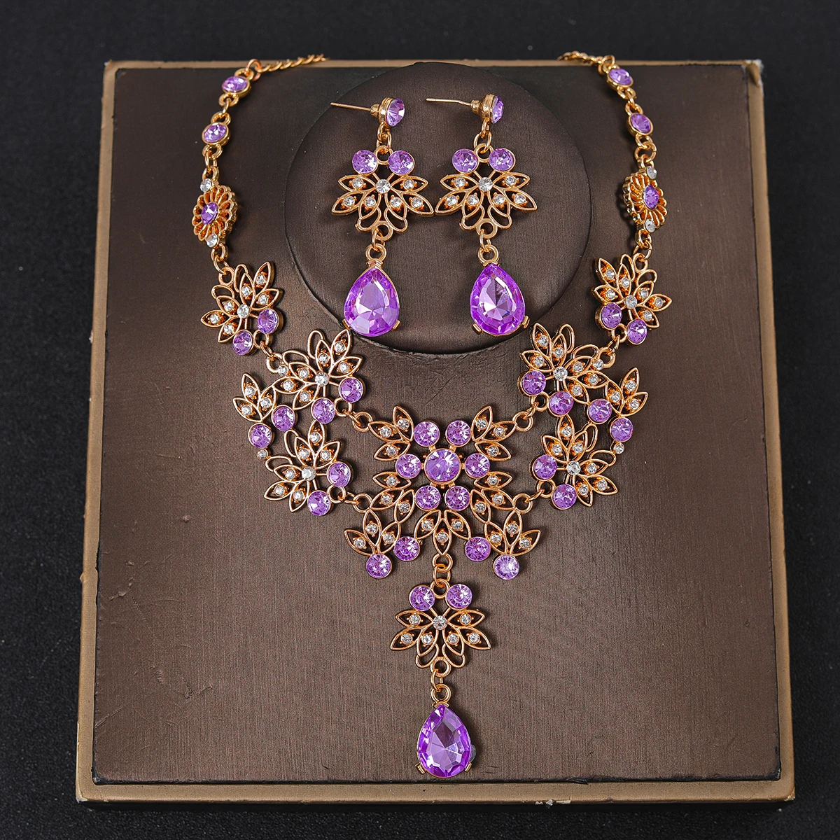 Set perhiasan anting-anting, Set perhiasan anting-anting leher berlian imitasi kristal trendi untuk pengantin wanita