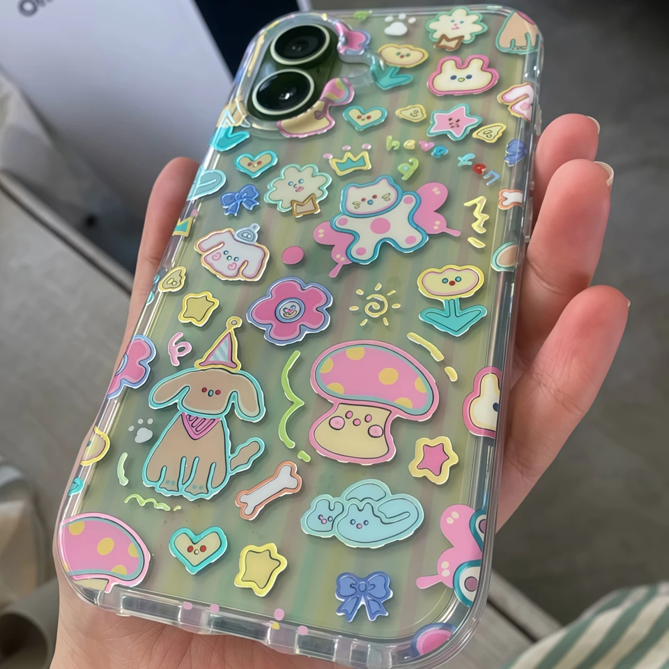 Funda de teléfono linda de animal de dibujos animados para iPhone 17 Pro Max 16 15 14 13 12, cubierta transparente kawaii de hongo y flor con correa de muñeca 4