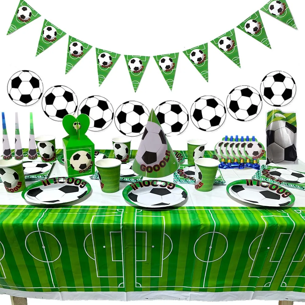 Grünes Fußball-Thema, Geburtstagsparty-Dekoration, Einweggeschirr-Set, Pappteller, Servietten, Tassen, Tischtuch, Banner, Fußball-Party-Geschenk