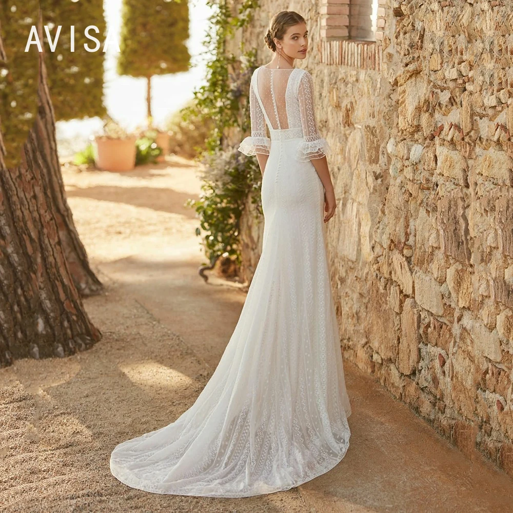 Bohemian Tüll Brautkleid 2024 V-Ausschnitt Flare Ärmel Illusion Back Court Zug Tüll eine Linie Brautkleider Vestidos de Novia