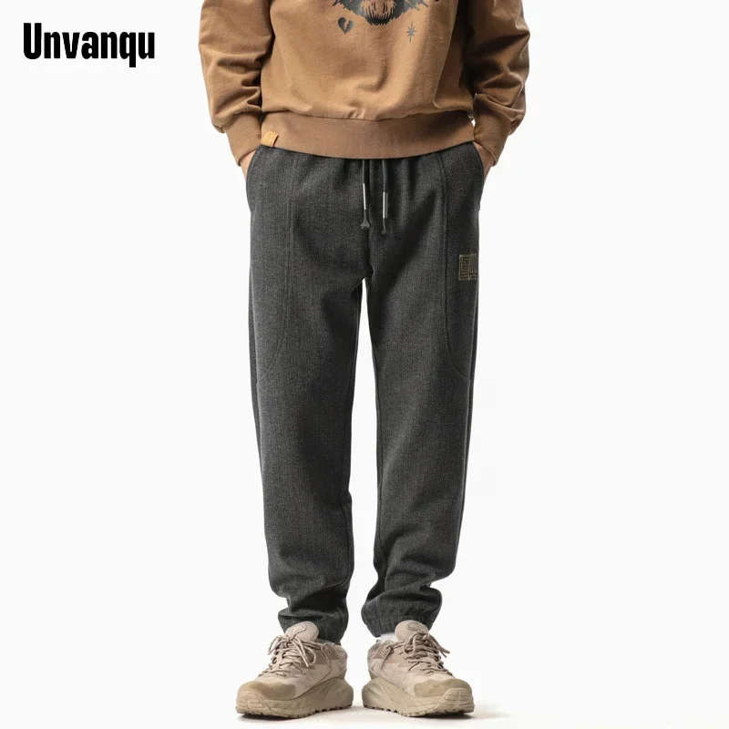 

UNVANQU Men's 2023 New Spring Autumn Daily Casual Sweatpants Soft Sports Jogging Drawstring Dark Grey Colors Wide Leg Pants Man