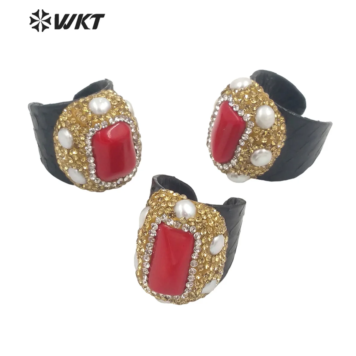 

WT-R432 WKT 2022 Fashion Sale Women Red Coral& Pearl&Genuine Leather Party Luxurious Party Gold-Plate Rings Accessory