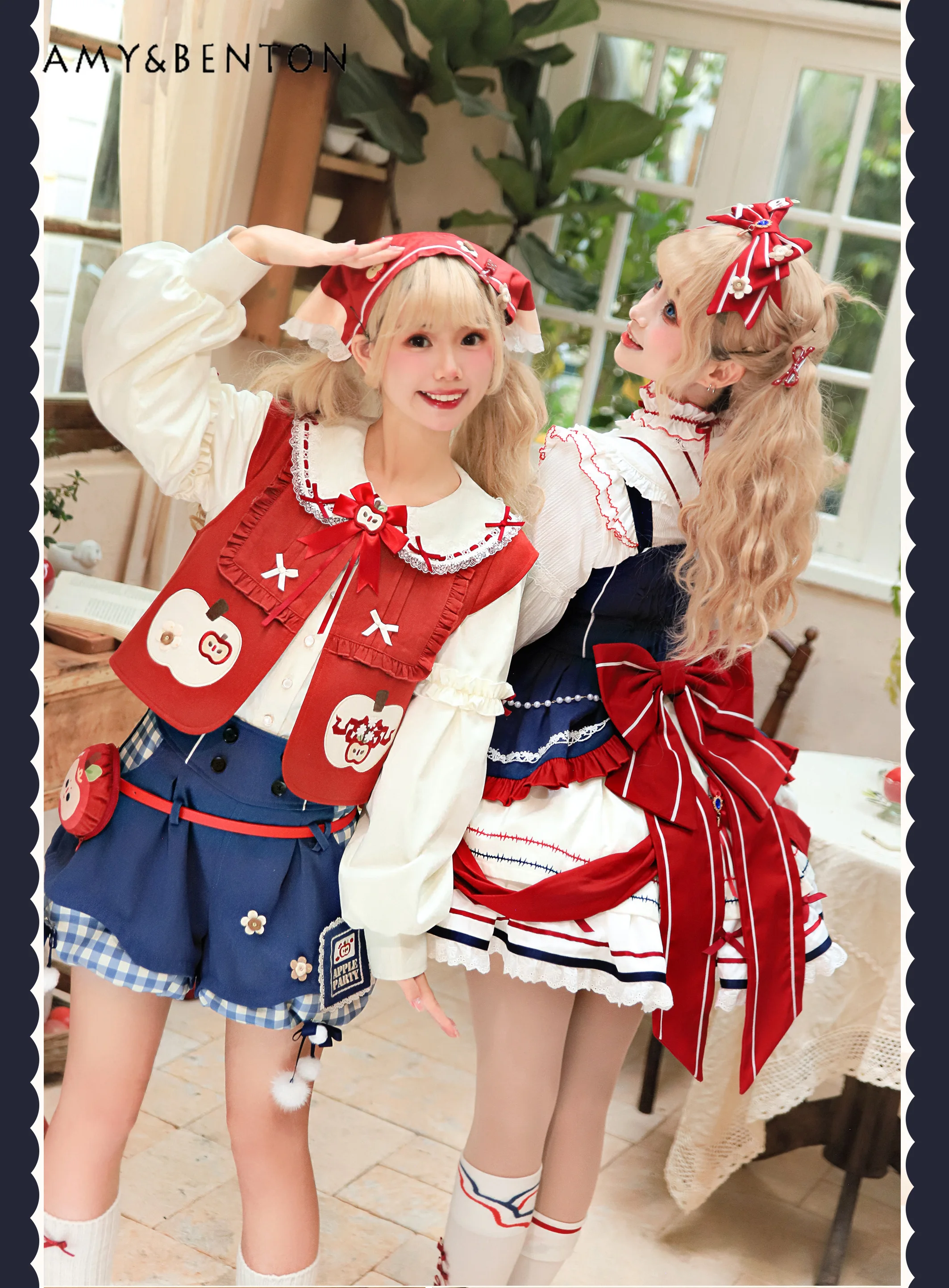 Lolita original dos desenhos animados impresso conjunto doce boneca colarinho lanterna manga camisa colete cintura alta xadrez shorts fofos conjunto de três peças