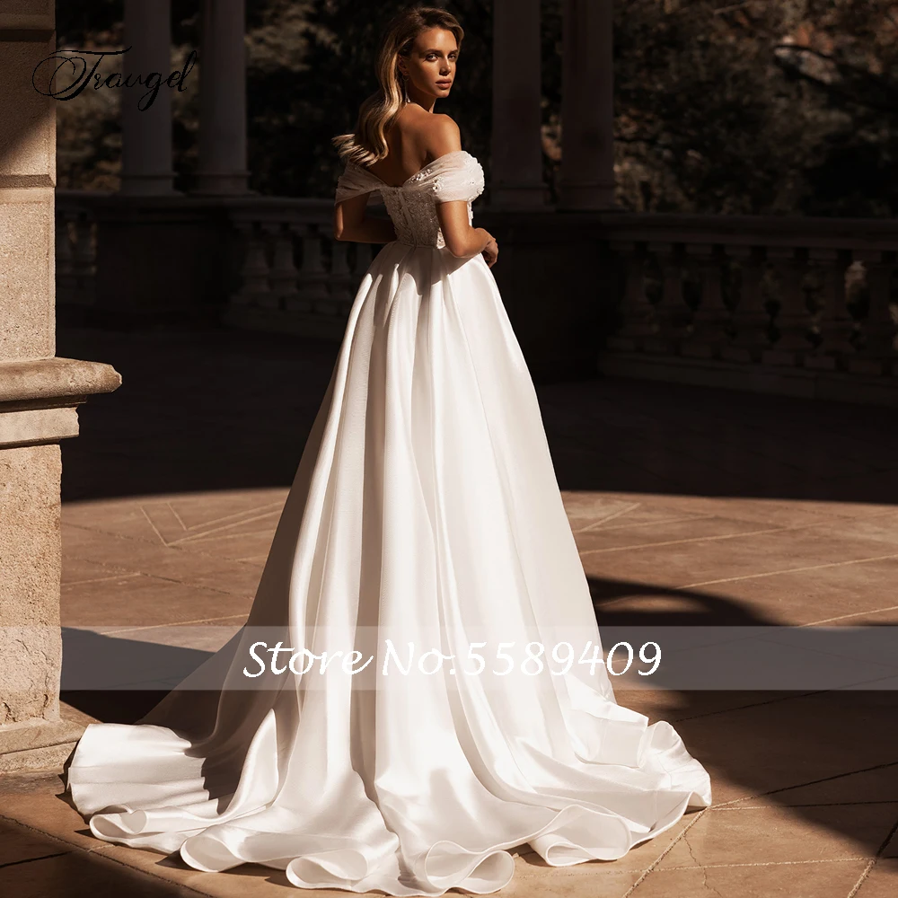 Traugel Sexy Illusion Sweetheart Flowers Satin Wedding Dresses Delicate Appliques Beaded Court Train A Line Bridal Gown