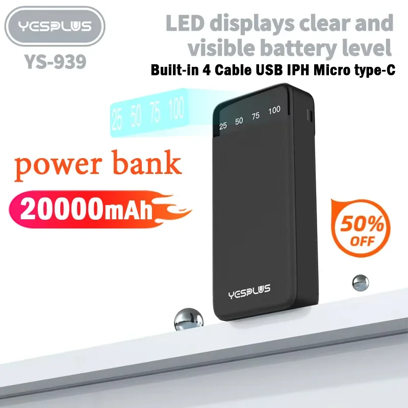 New Power Bank 20000mAh Large Capacity Fast Charging External Battery Comes with 4-Wire Charger LED Display Portable Power Bank