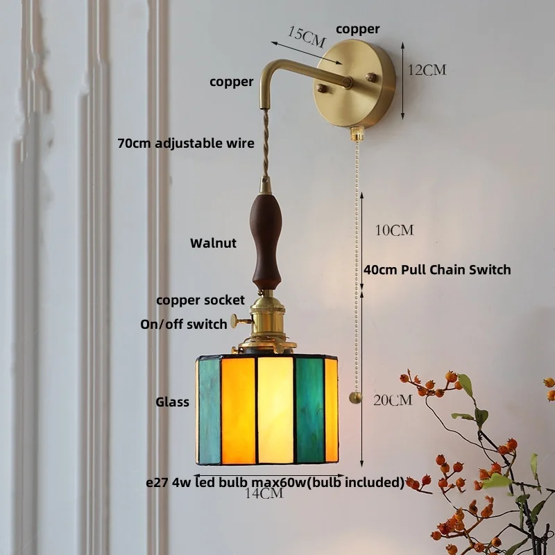 IWHD Colorful Vintage LED Wall Lights Reading Restaurant Bar Pull Chain Switch Walnut Wood Bathroom Vanity Mirror Light Lamparas