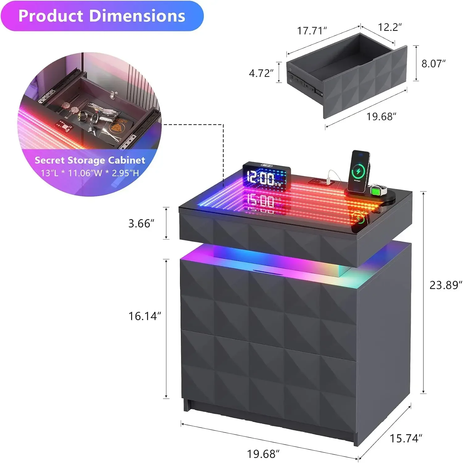 Night Stand with Charging Station & RGB Lights | RGB Lights, Human Body Sensor, Tempered Glass and Sliding Top, 3 Drawers, Hidde