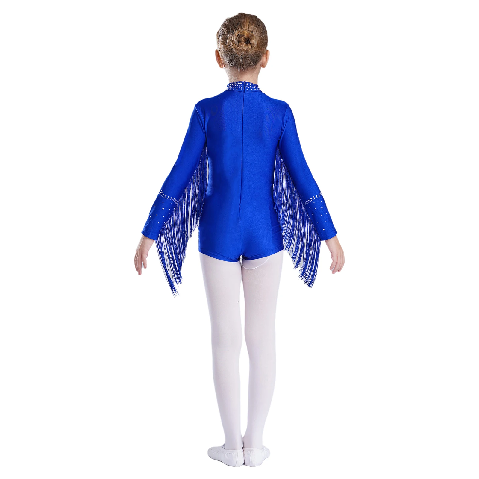 Niños Niñas brillantes diamantes de imitación borlas baile latino leotardo Jazz Tango Ropa de baile mono de manga larga con flecos para puesta en escena