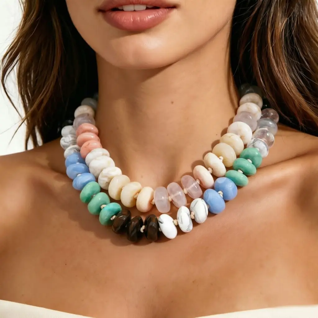 Vintage Multicolor Dyeing Resin Flat Disc Bead Necklace Women Irregular Beaded Choker Boho Vacation Statement Collar Jewelry