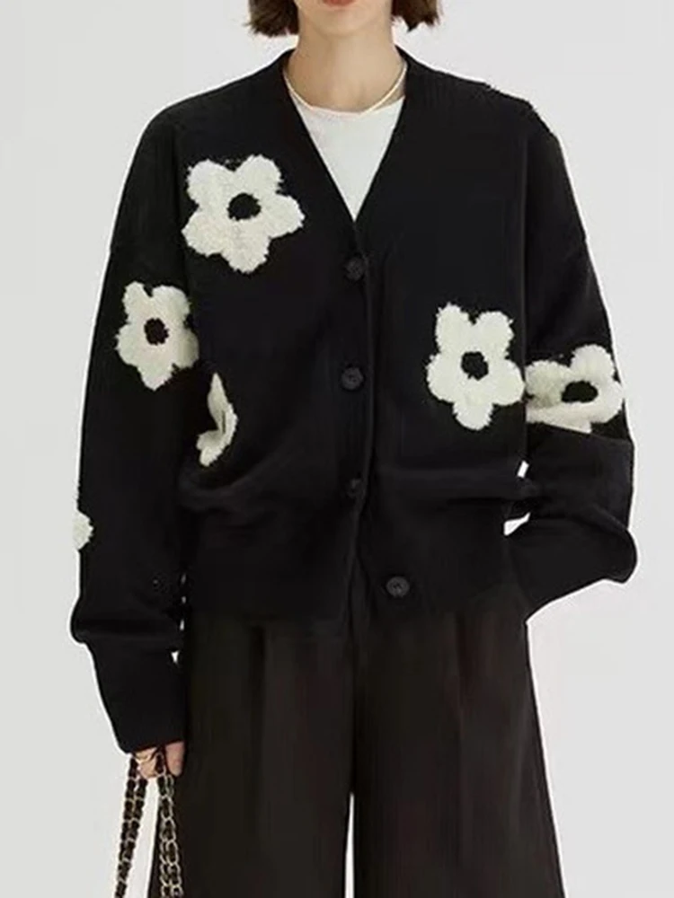Zoki Women Retro Floral Cardigan Swetry Casual V Neck Sweet Dzianinowe Kurtki Jesienne Długi Rękaw Vintage England New Harajuku Tops